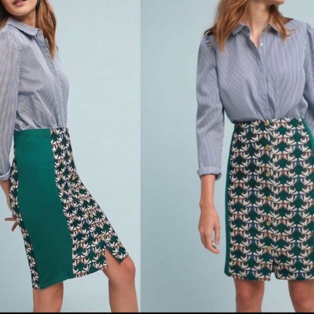 Anthropologie Green Floral Pencil Skirt - Picture 2 of 6